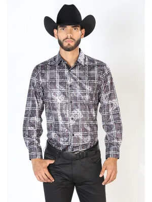 Camisa Vaquera Manga Larga Estampada Cuadros Negro para Hombre 'El Señor de los Cielos' - ID: 43848