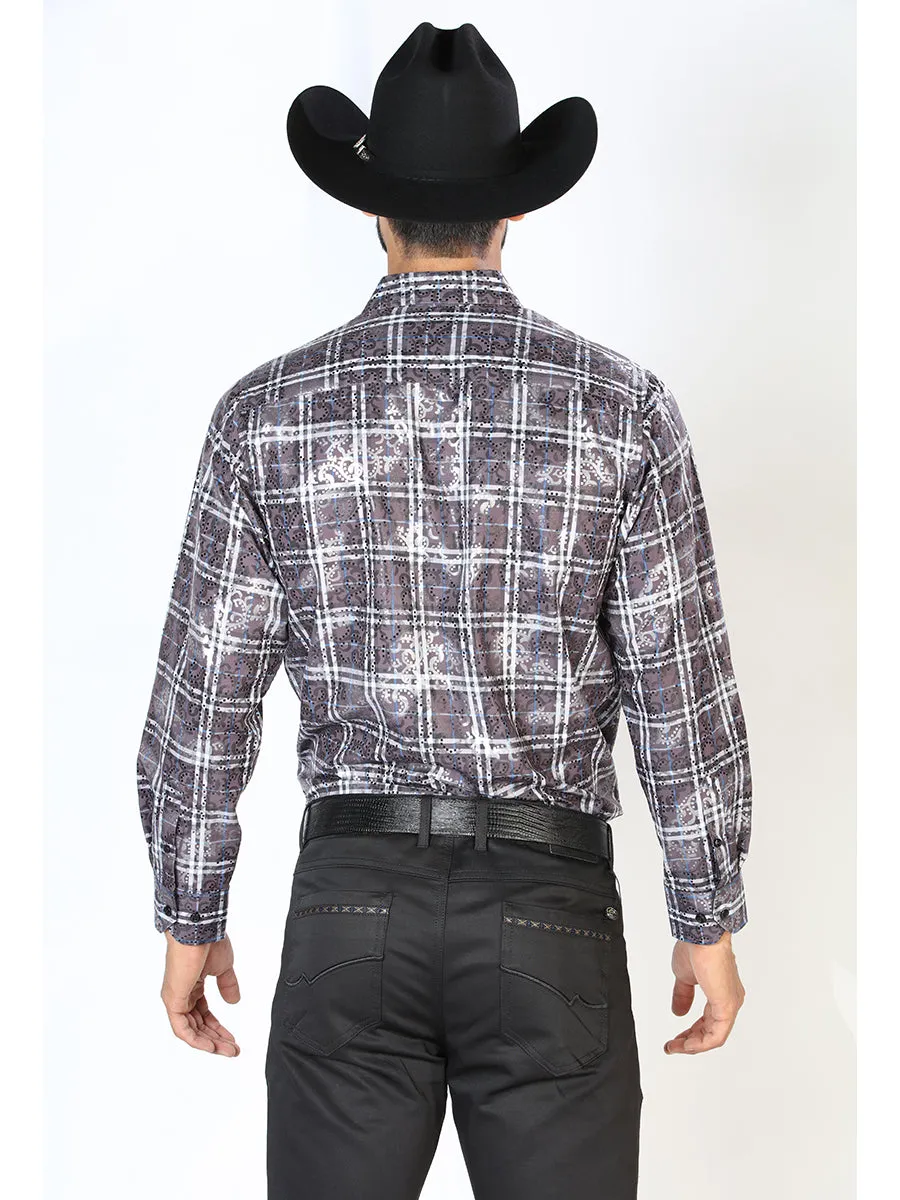 Camisa Vaquera Manga Larga Estampada Cuadros Negro para Hombre 'El Señor de los Cielos' - ID: 43848