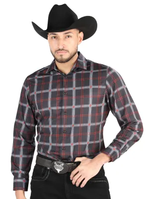 Camisa Vaquera Manga Larga Estampada Cuadros Negro/Gris para Hombre 'El Señor de los Cielos' - ID: 44709