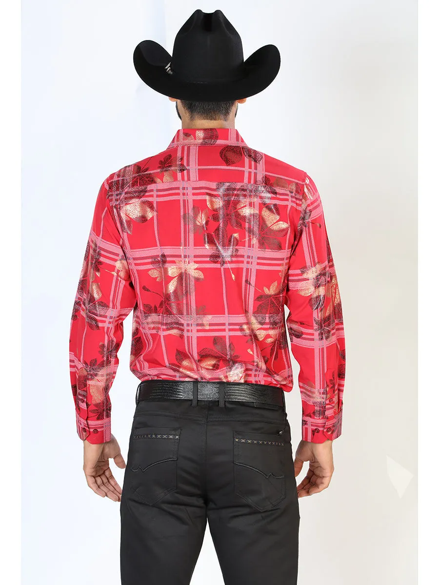 Camisa Vaquera Manga Larga Estampada Cuadros Vino para Hombre 'El Señor de los Cielos' - ID: 43844