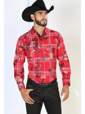 Camisa Vaquera Manga Larga Estampada Cuadros Vino para Hombre 'El Señor de los Cielos' - ID: 43844