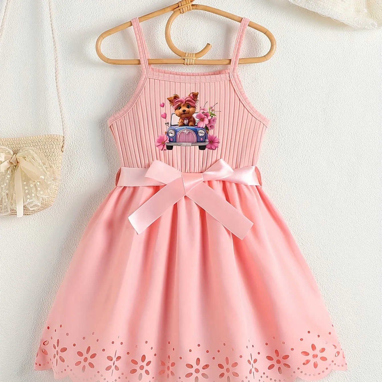 Casual Cartoon Dog Print Bow Waistband Suspender Dress for Girls - Soft Slight Stretch Polyester Fabric, Regular Fit, Comfortable, Fun Animal Pattern, Perfect for Summer - Knit Fabric, No Sheer