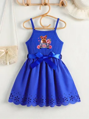 Casual Cartoon Dog Print Bow Waistband Suspender Dress for Girls - Soft Slight Stretch Polyester Fabric, Regular Fit, Comfortable, Fun Animal Pattern, Perfect for Summer - Knit Fabric, No Sheer