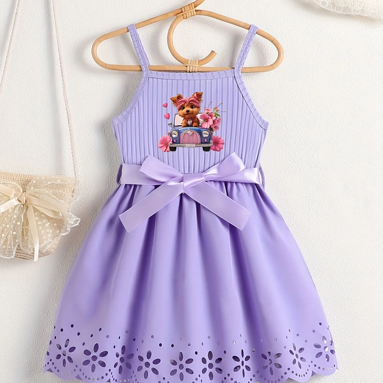Casual Cartoon Dog Print Bow Waistband Suspender Dress for Girls - Soft Slight Stretch Polyester Fabric, Regular Fit, Comfortable, Fun Animal Pattern, Perfect for Summer - Knit Fabric, No Sheer