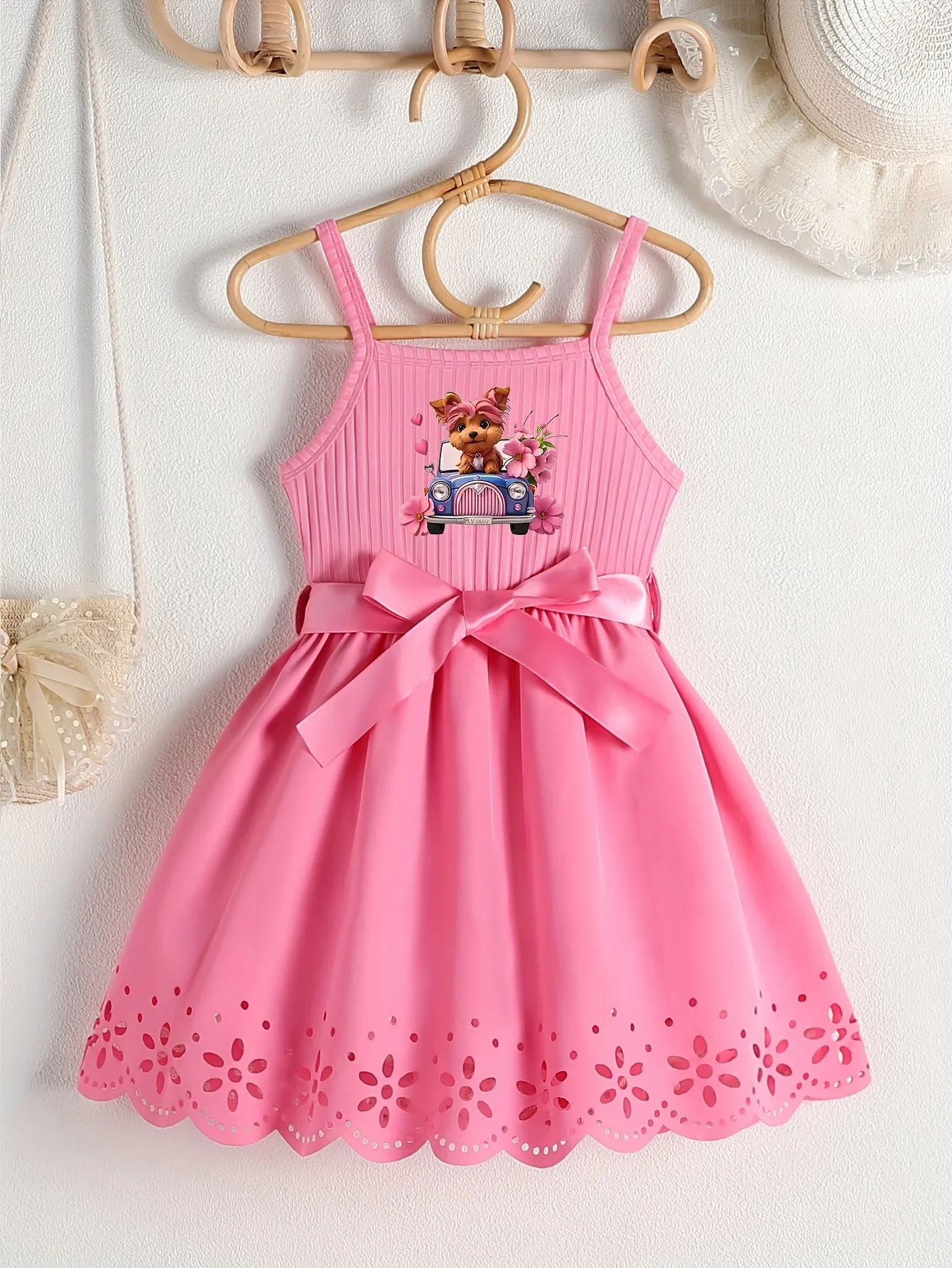 Casual Cartoon Dog Print Bow Waistband Suspender Dress for Girls - Soft Slight Stretch Polyester Fabric, Regular Fit, Comfortable, Fun Animal Pattern, Perfect for Summer - Knit Fabric, No Sheer