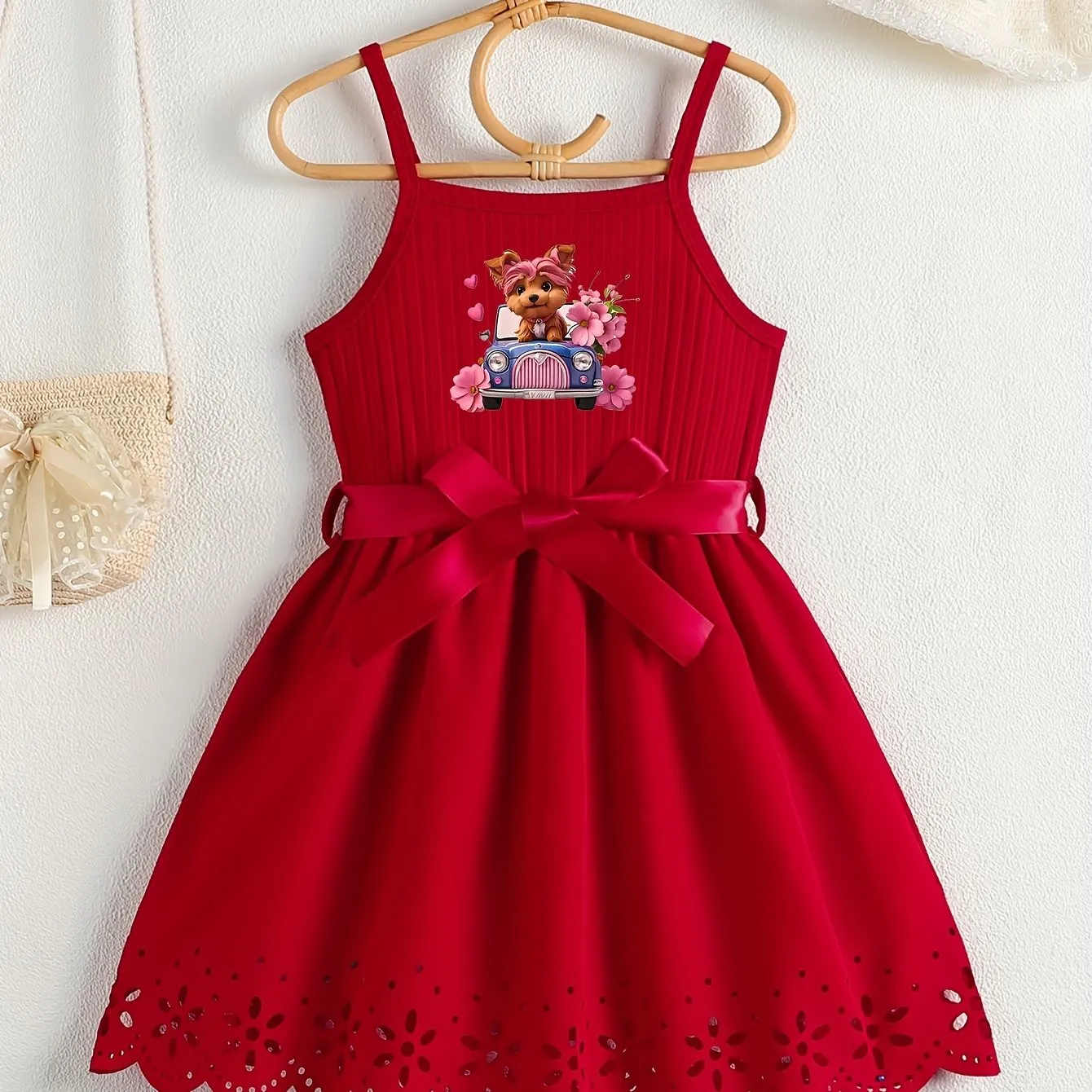 Casual Cartoon Dog Print Bow Waistband Suspender Dress for Girls - Soft Slight Stretch Polyester Fabric, Regular Fit, Comfortable, Fun Animal Pattern, Perfect for Summer - Knit Fabric, No Sheer