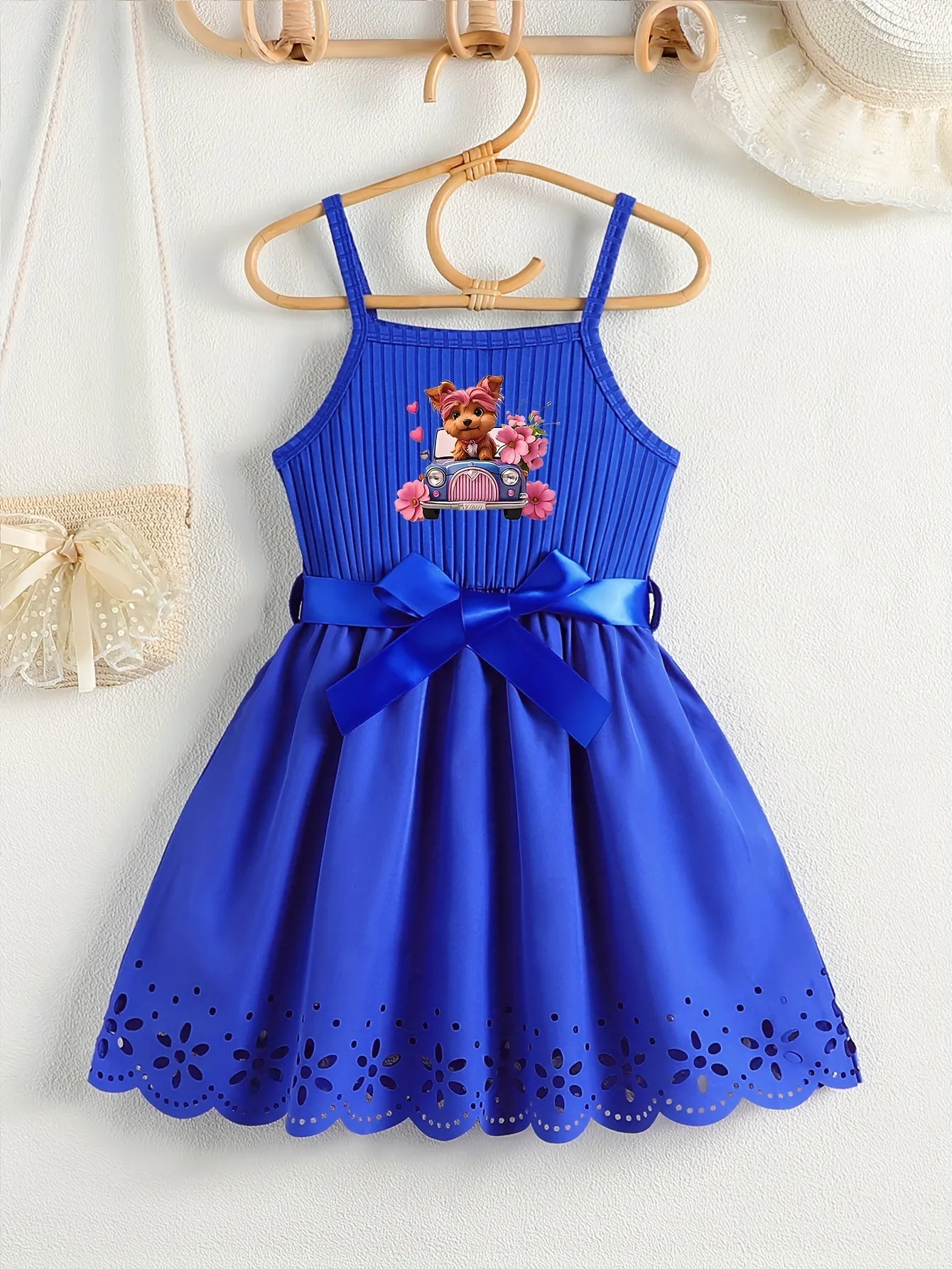 Casual Cartoon Dog Print Bow Waistband Suspender Dress for Girls - Soft Slight Stretch Polyester Fabric, Regular Fit, Comfortable, Fun Animal Pattern, Perfect for Summer - Knit Fabric, No Sheer
