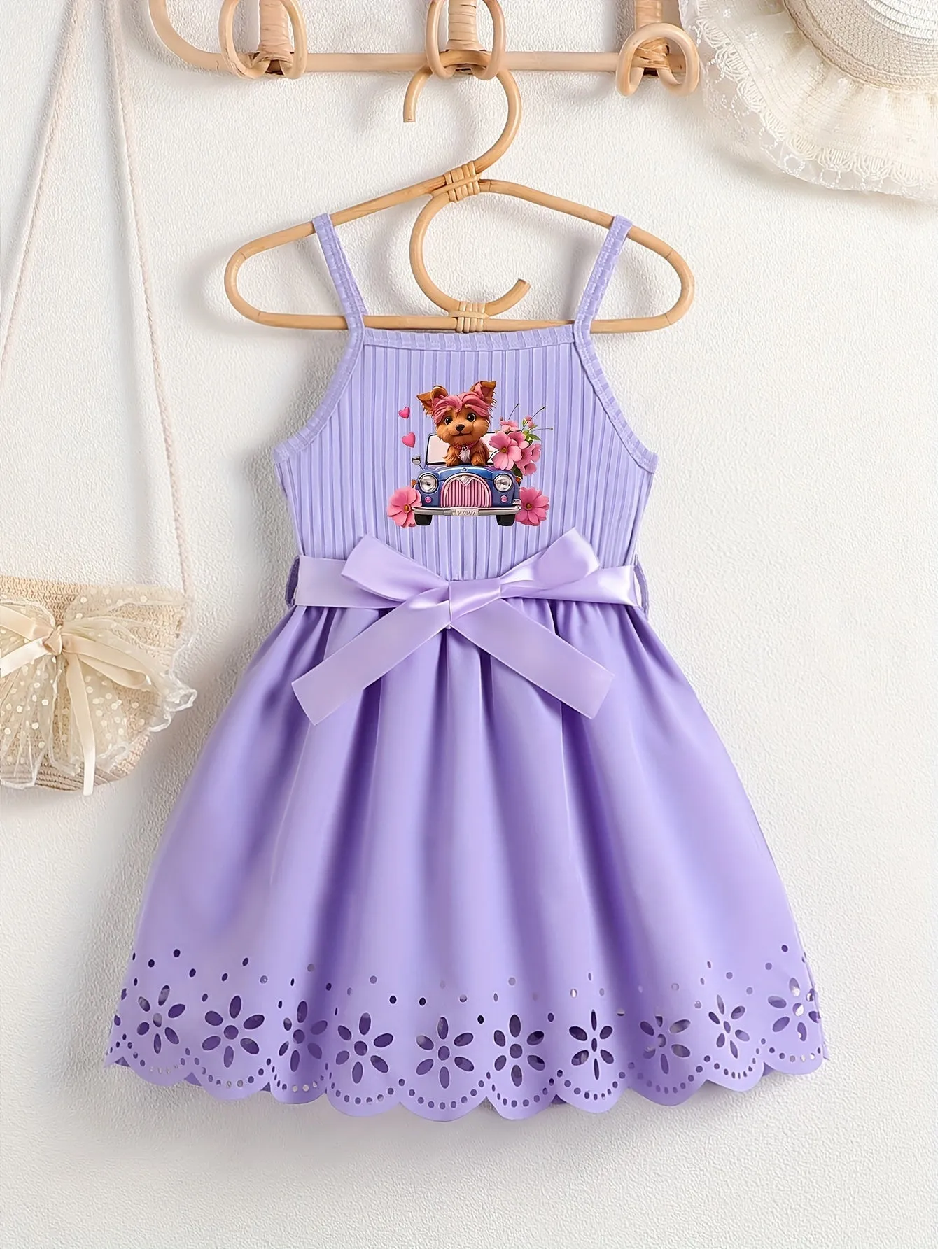 Casual Cartoon Dog Print Bow Waistband Suspender Dress for Girls - Soft Slight Stretch Polyester Fabric, Regular Fit, Comfortable, Fun Animal Pattern, Perfect for Summer - Knit Fabric, No Sheer