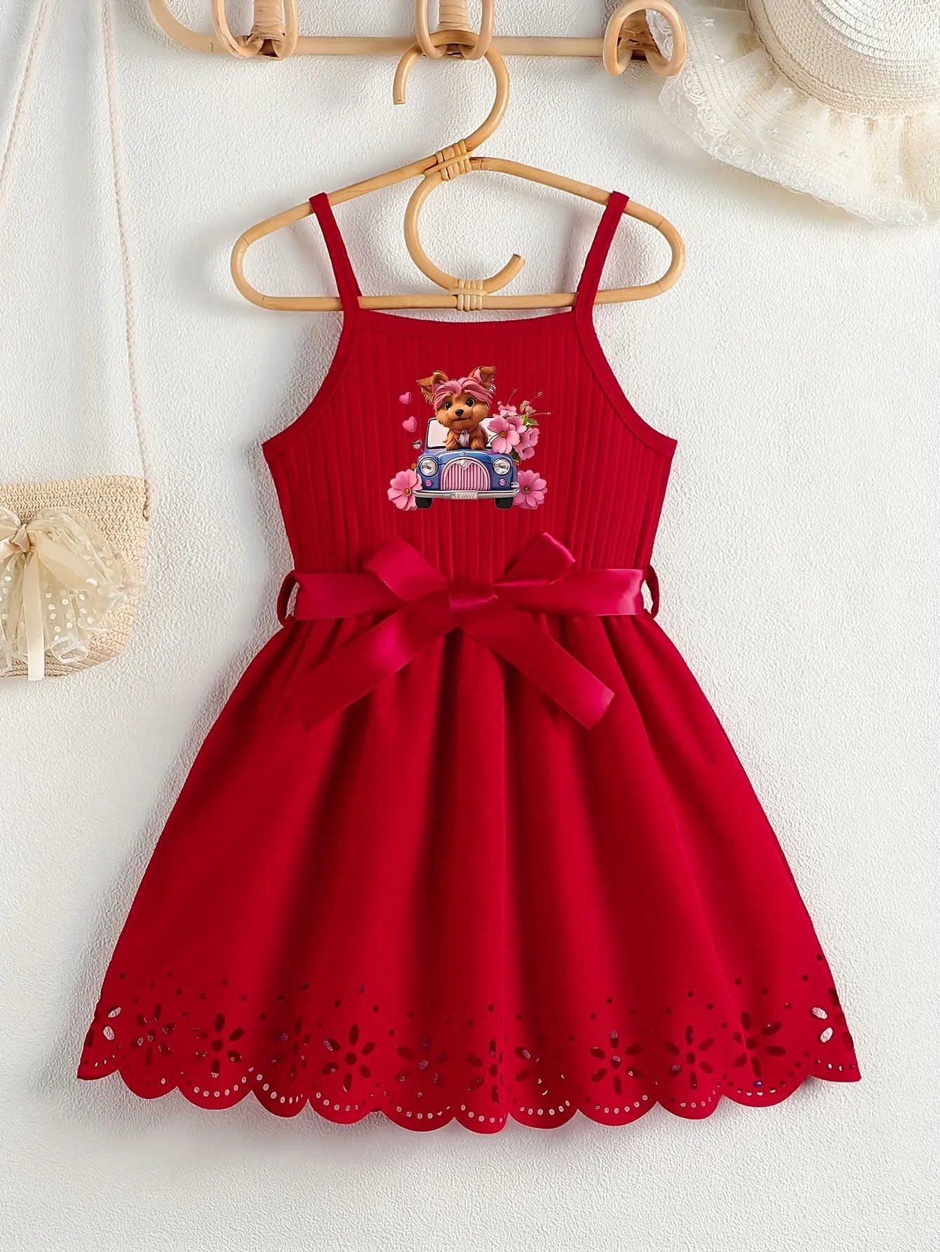 Casual Cartoon Dog Print Bow Waistband Suspender Dress for Girls - Soft Slight Stretch Polyester Fabric, Regular Fit, Comfortable, Fun Animal Pattern, Perfect for Summer - Knit Fabric, No Sheer