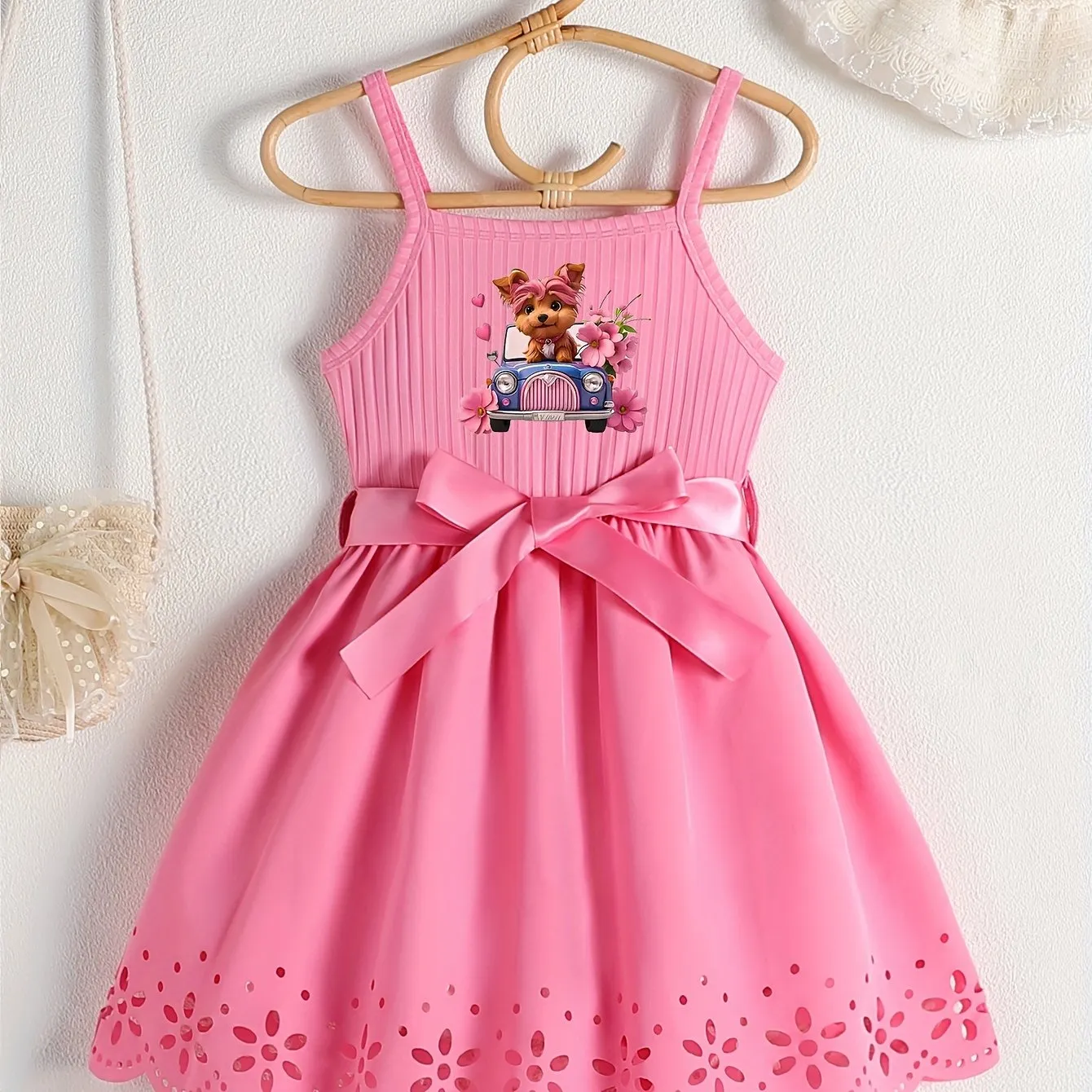 Casual Cartoon Dog Print Bow Waistband Suspender Dress for Girls - Soft Slight Stretch Polyester Fabric, Regular Fit, Comfortable, Fun Animal Pattern, Perfect for Summer - Knit Fabric, No Sheer