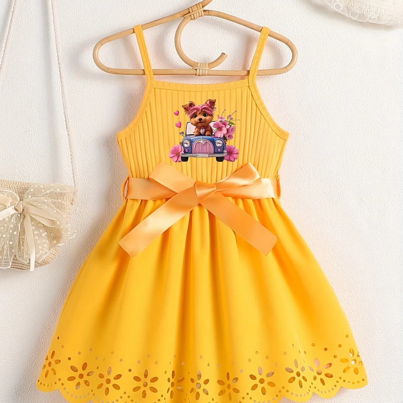 Casual Cartoon Dog Print Bow Waistband Suspender Dress for Girls - Soft Slight Stretch Polyester Fabric, Regular Fit, Comfortable, Fun Animal Pattern, Perfect for Summer - Knit Fabric, No Sheer