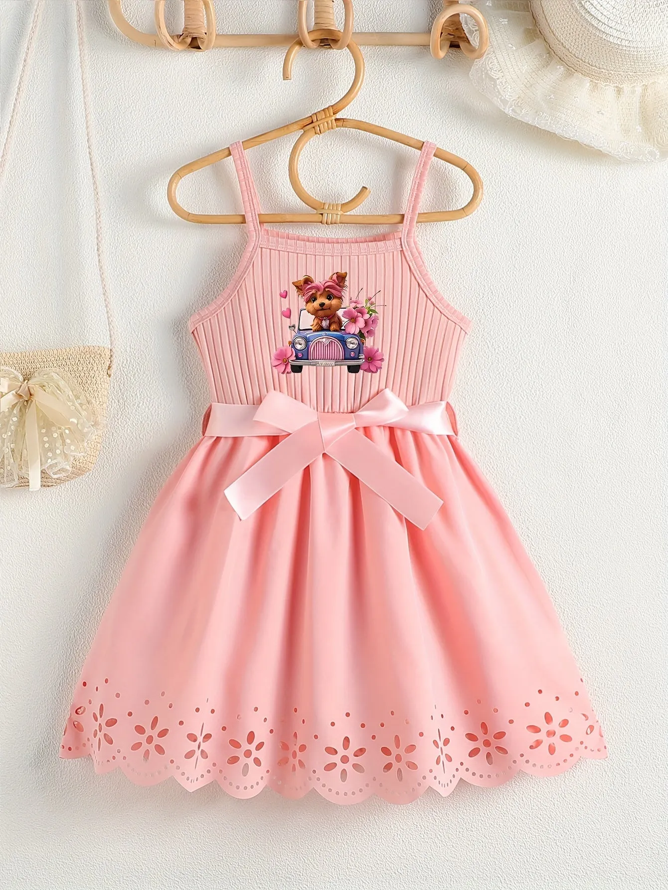 Casual Cartoon Dog Print Bow Waistband Suspender Dress for Girls - Soft Slight Stretch Polyester Fabric, Regular Fit, Comfortable, Fun Animal Pattern, Perfect for Summer - Knit Fabric, No Sheer