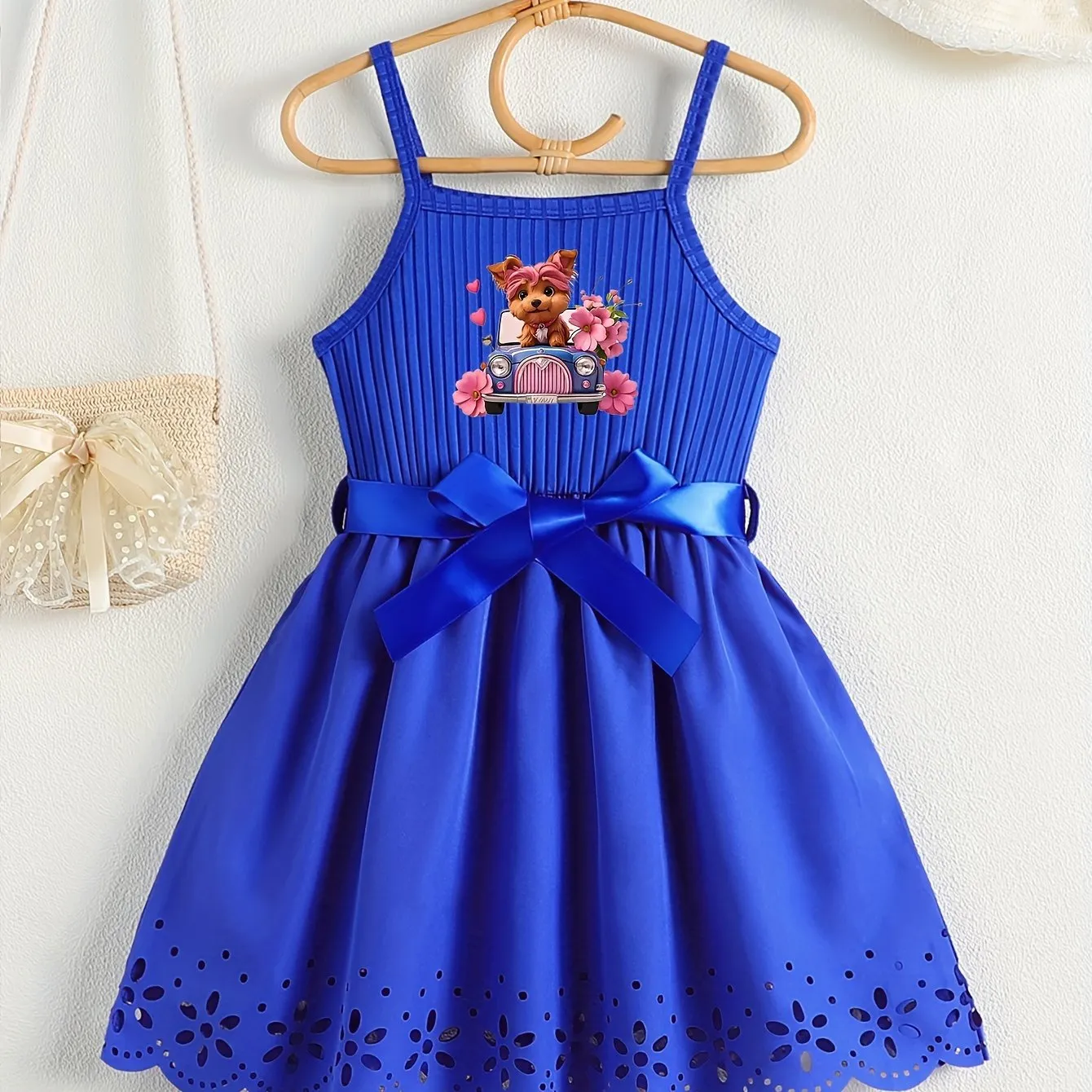 Casual Cartoon Dog Print Bow Waistband Suspender Dress for Girls - Soft Slight Stretch Polyester Fabric, Regular Fit, Comfortable, Fun Animal Pattern, Perfect for Summer - Knit Fabric, No Sheer