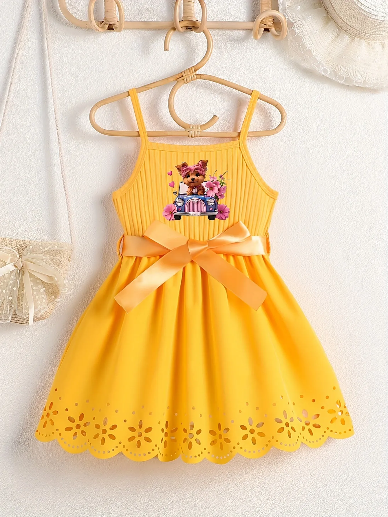 Casual Cartoon Dog Print Bow Waistband Suspender Dress for Girls - Soft Slight Stretch Polyester Fabric, Regular Fit, Comfortable, Fun Animal Pattern, Perfect for Summer - Knit Fabric, No Sheer