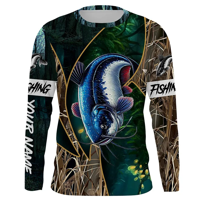 Catfish Fishing camo green UV protection UPF 30  long sleeves fishing shirt for men NPQ37