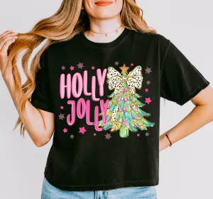 Cropped Comfort Colors Holly Jolly Christmas Tree Tee/ Direct To Film Transferred Faux Glitter Tee/  Adult Sizes