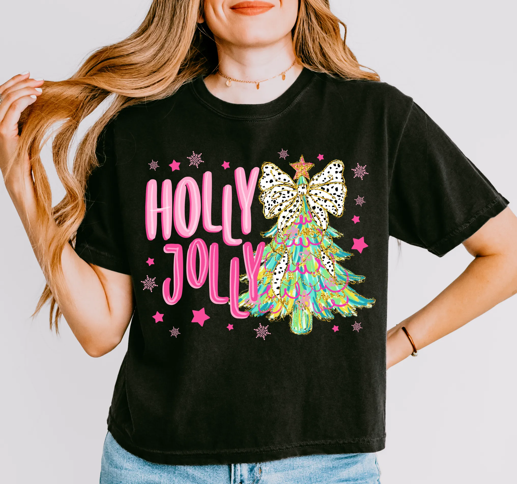 Cropped Comfort Colors Holly Jolly Christmas Tree Tee/ Direct To Film Transferred Faux Glitter Tee/  Adult Sizes