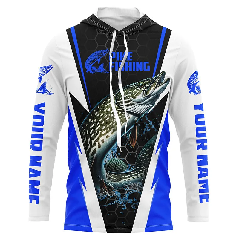 Custom Northern Pike Fishing Jerseys, Pike Long Sleeve Performance Fishing Shirts | Blue IPHW6071