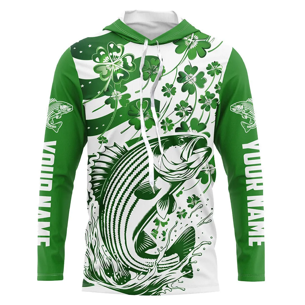 Custom St Patrick'S Day American Flag Striped Bass Fishing Shirts, Patriotic Striper Fishing Jerseys IPHW5897