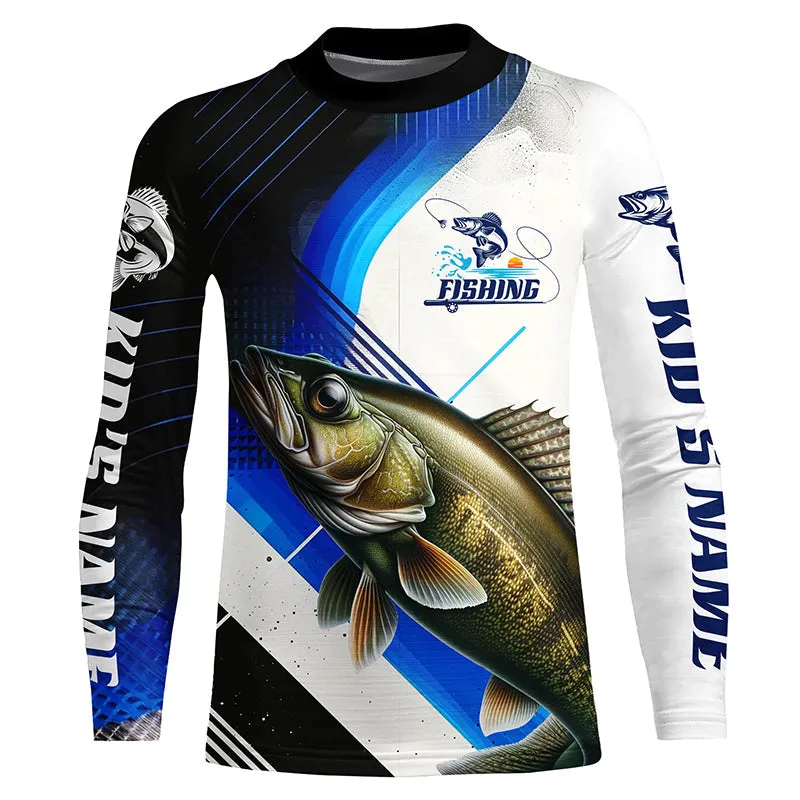 Custom Walleye Fishing Jerseys, Walleye Long Sleeve Tournament Fishing Shirts | Blue IPHW6284