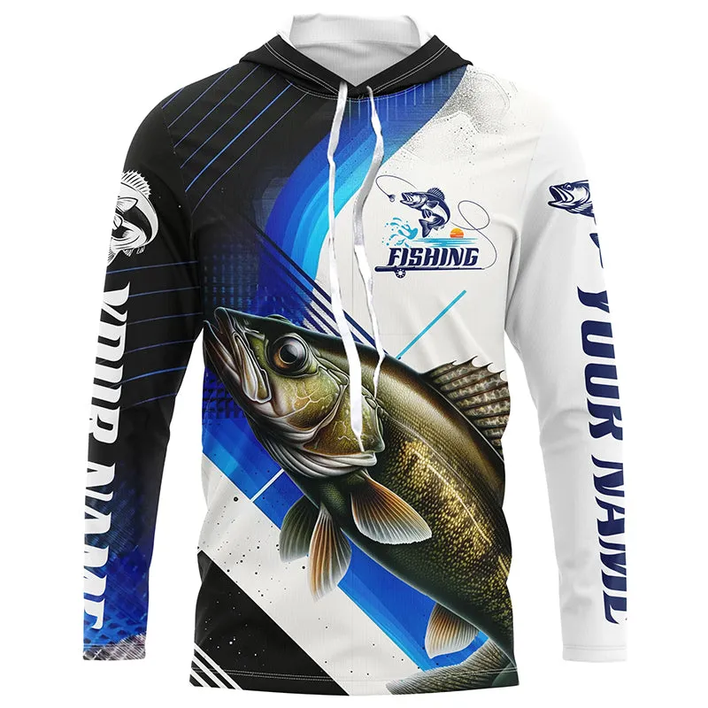 Custom Walleye Fishing Jerseys, Walleye Long Sleeve Tournament Fishing Shirts | Blue IPHW6284