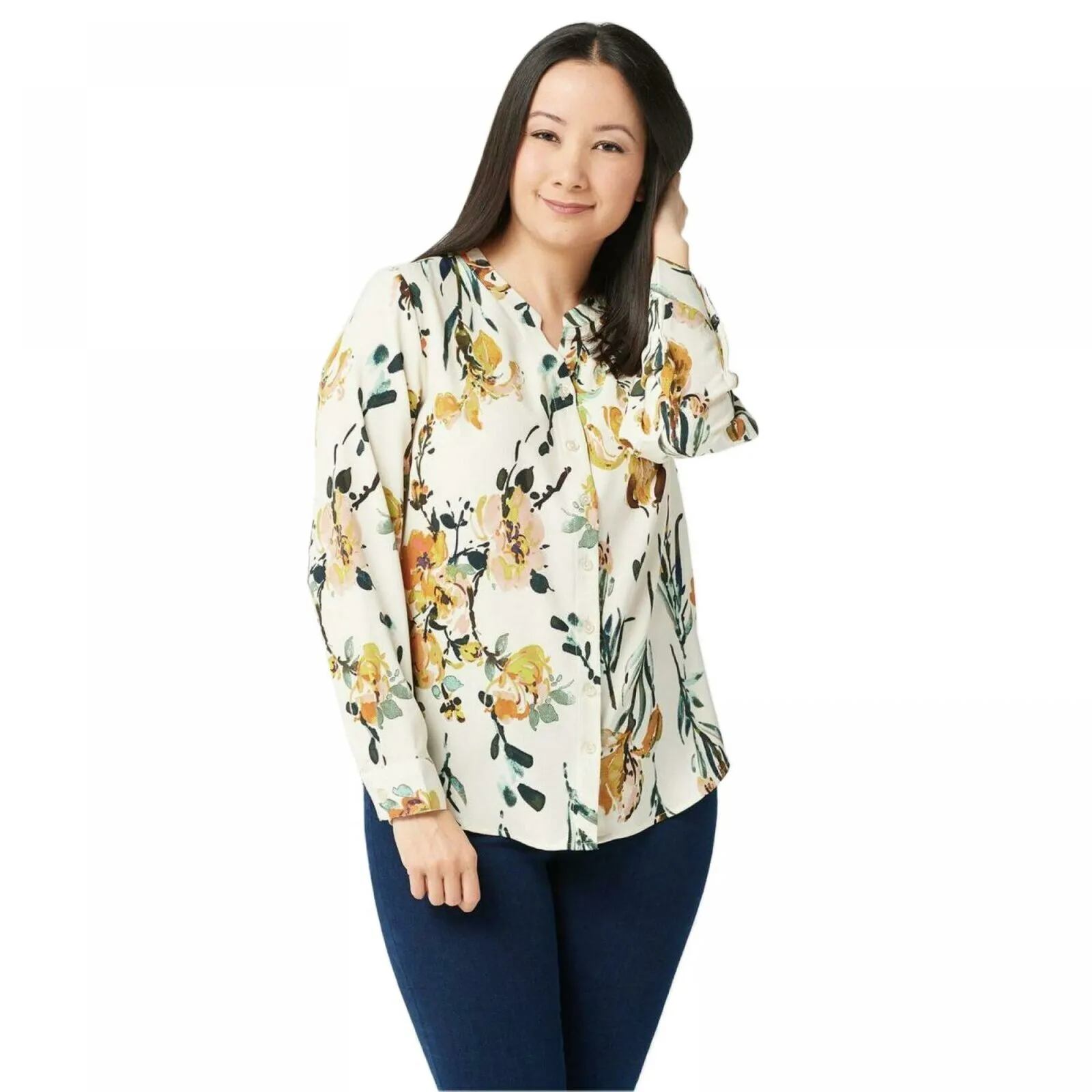 Denim & Co. Plus Size Watercolor Floral Stretch Crepe Blouse