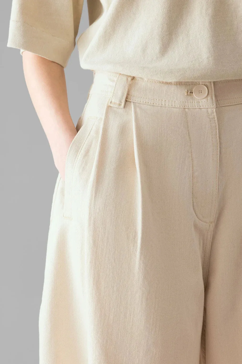 Denim Pleat Front Trouser, Ecru