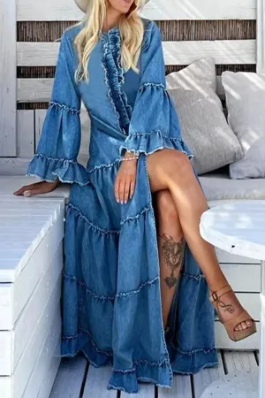 Denim Ruffled Accented Maxi Dress
