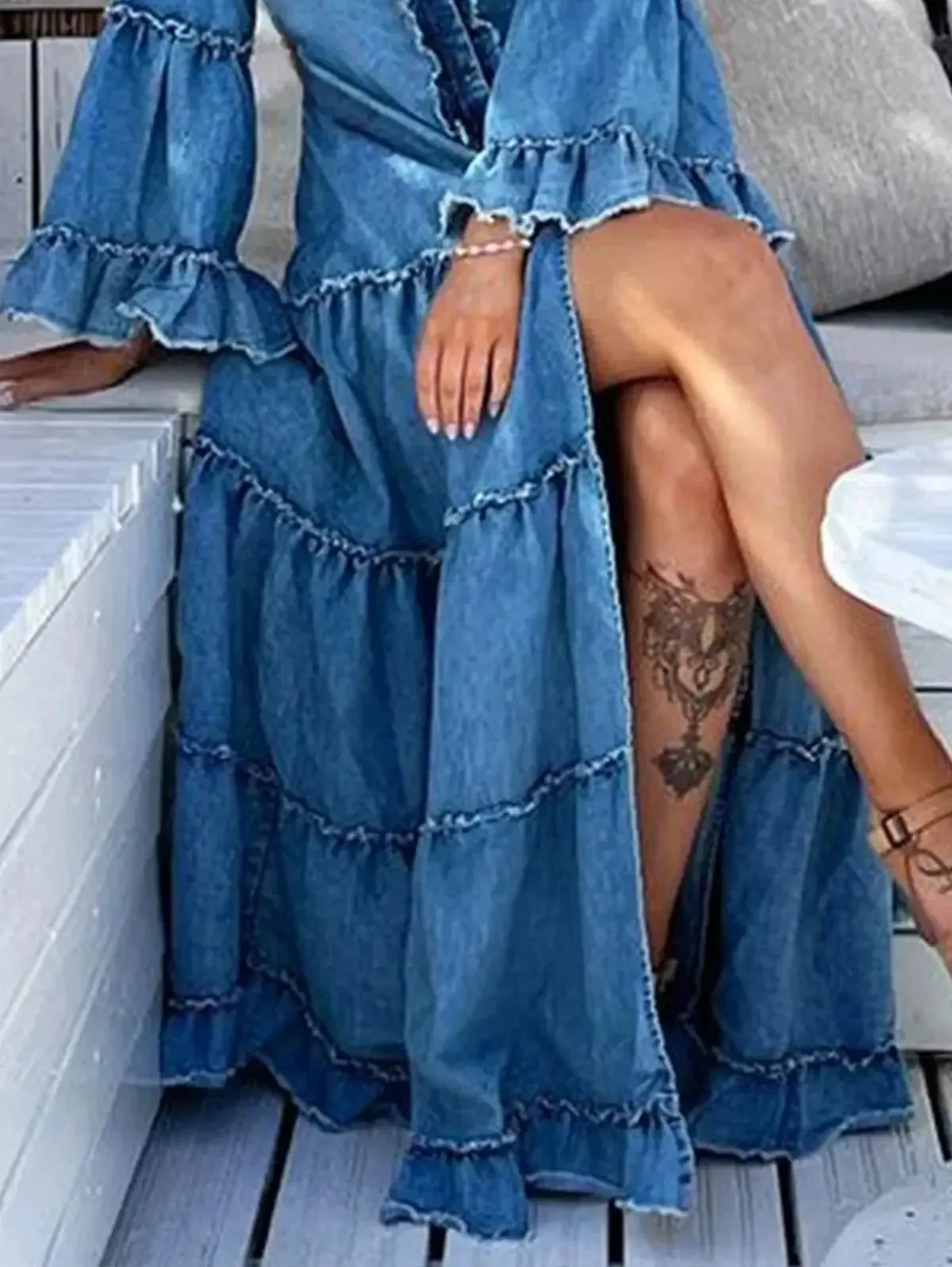 Denim Ruffled Accented Maxi Dress