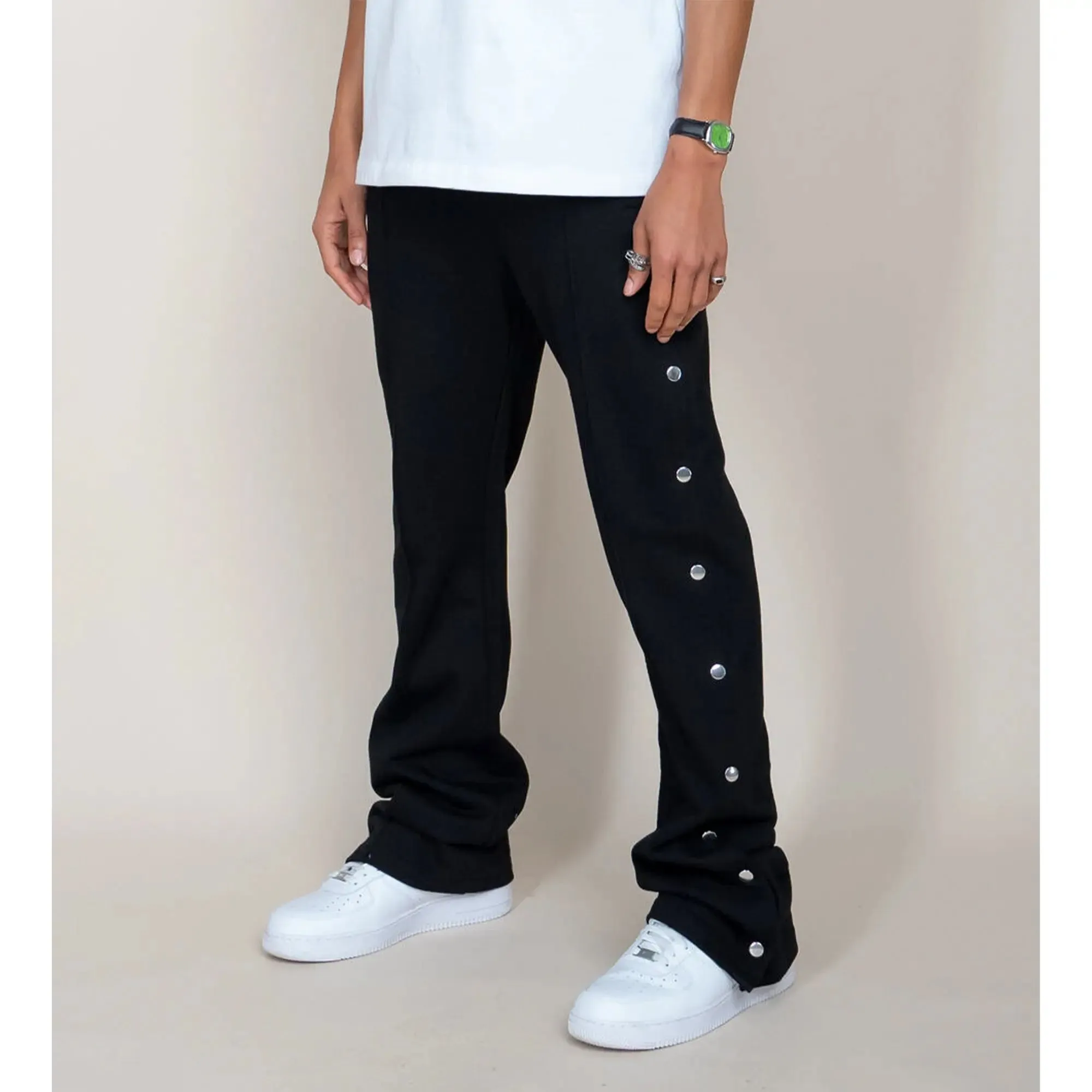 EPTM Men French Terry Snap Flared Pants (Black)