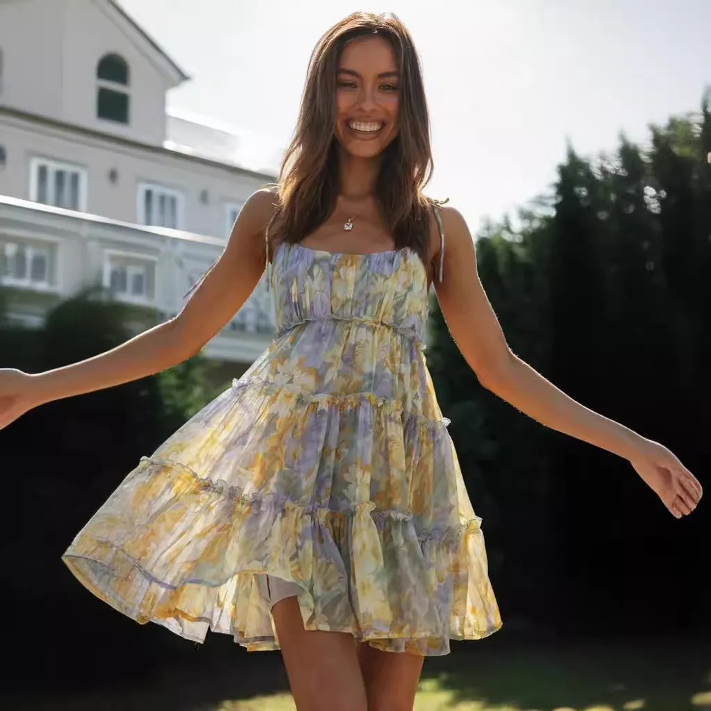 European and American Hot Trade  Women's Clothing  New Spaghetti-Strap Floral Print Elegant Fairy Short Dress 2025 Summer Multicolor