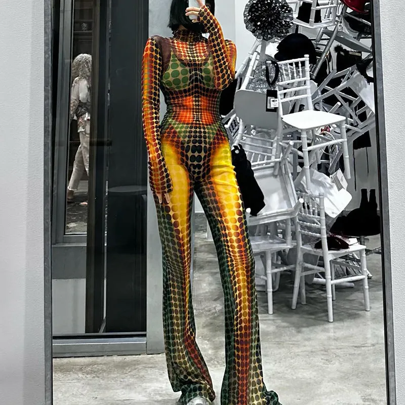 European And American-Style Cross-Border2023Summer New Women's Clothing Fashion Mesh Long SleeveTSlim-Fit Micro Flared Pants Suit for Women Wholesale