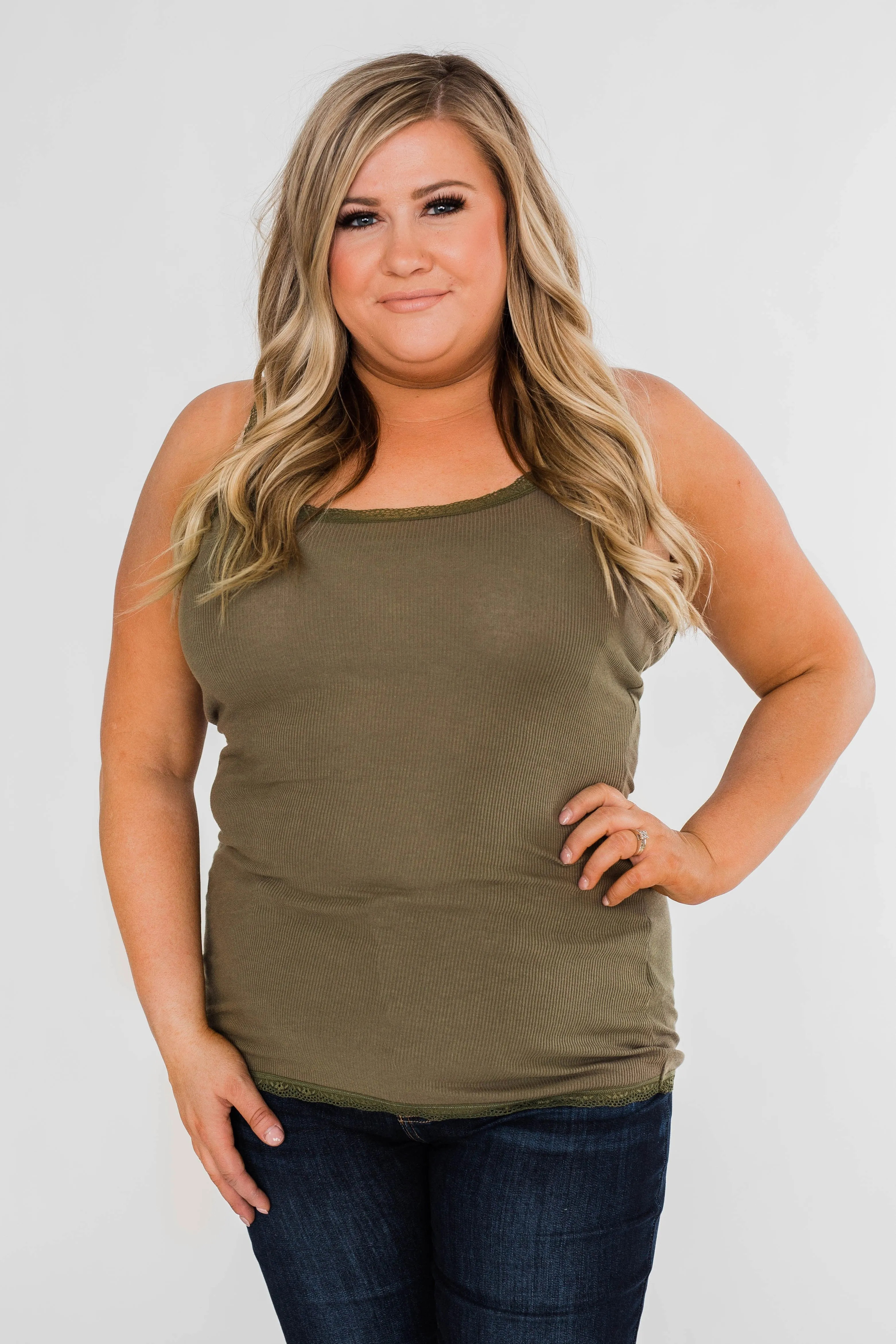 Faded Lace Trimmed Layering Tank- Olive
