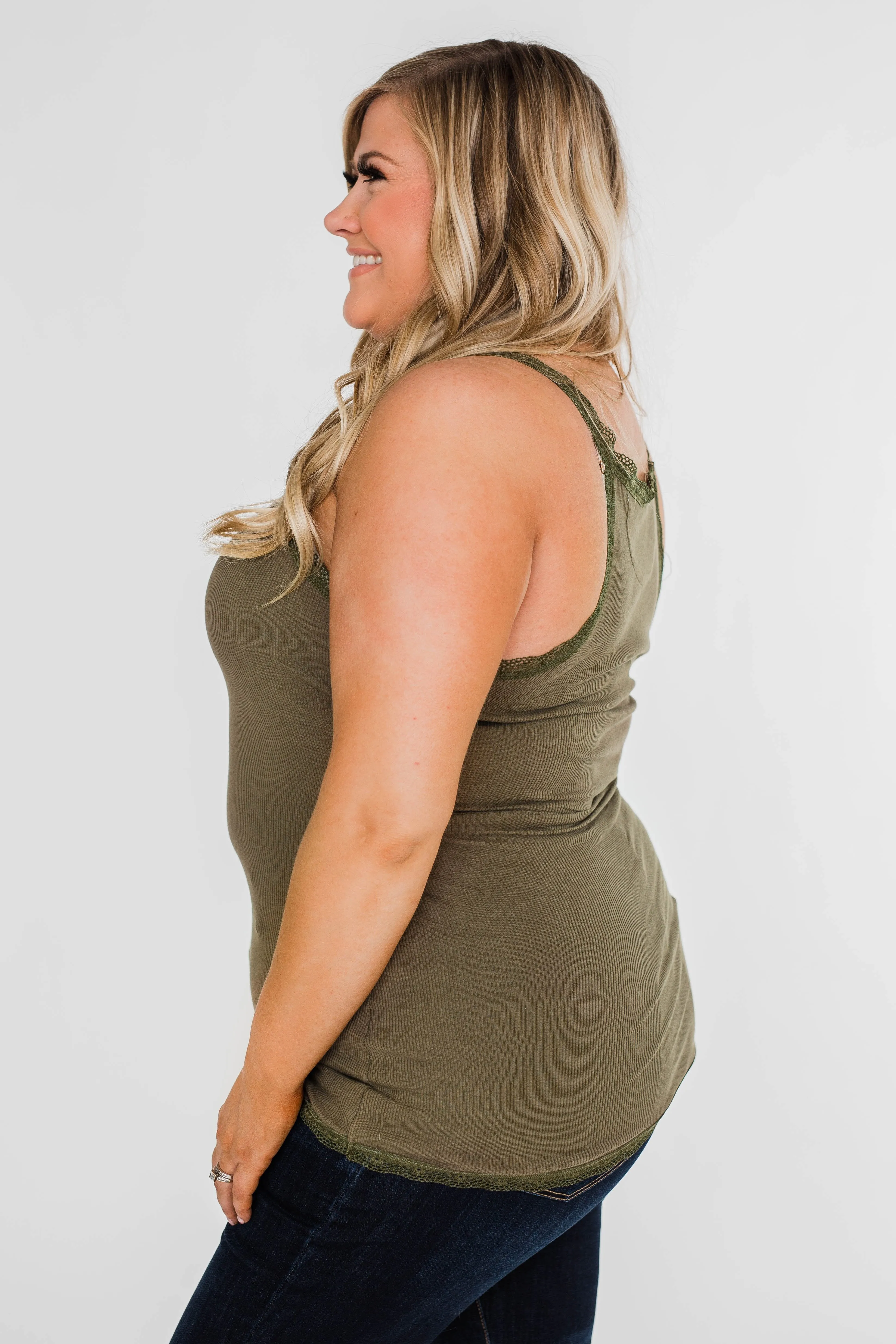 Faded Lace Trimmed Layering Tank- Olive