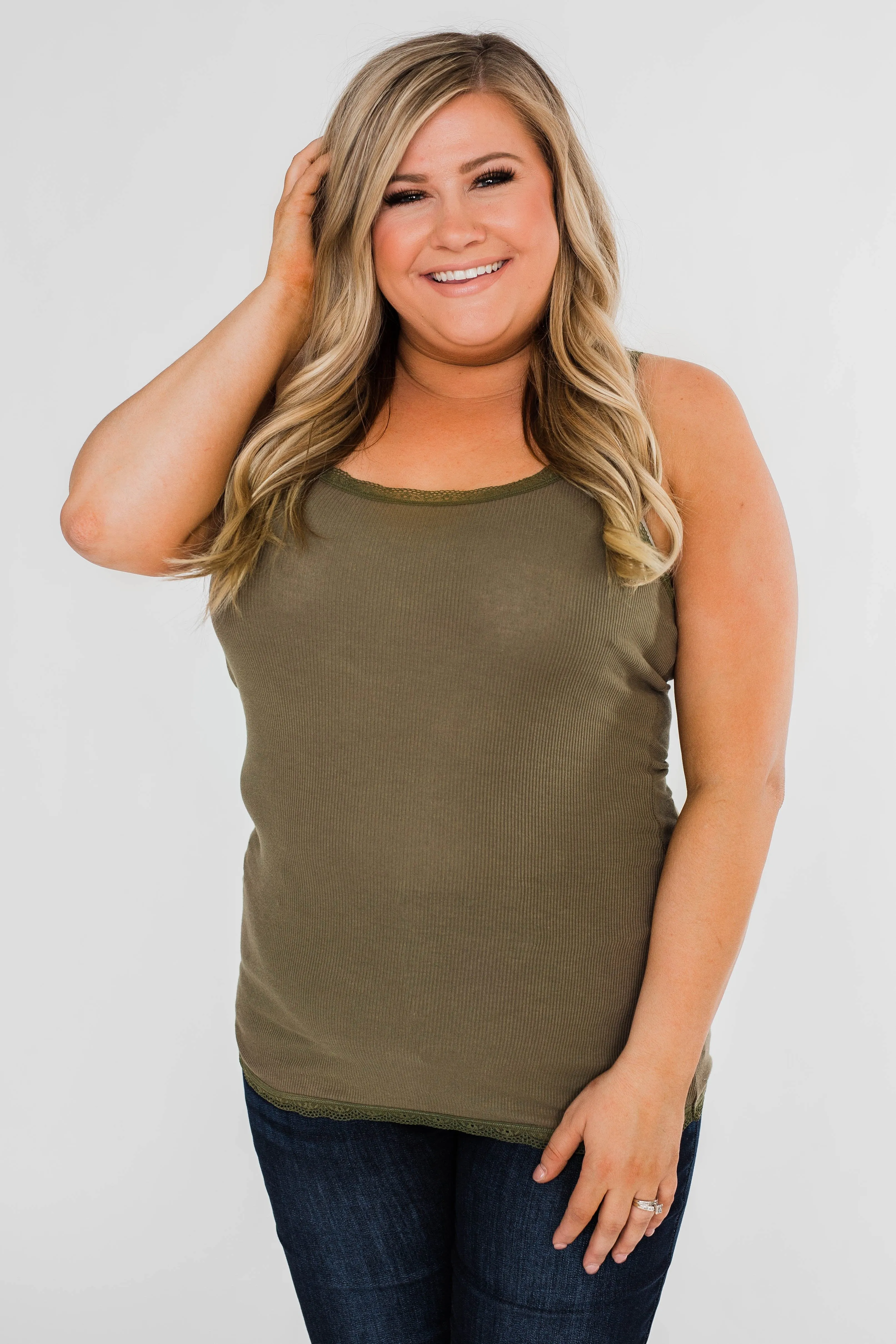Faded Lace Trimmed Layering Tank- Olive