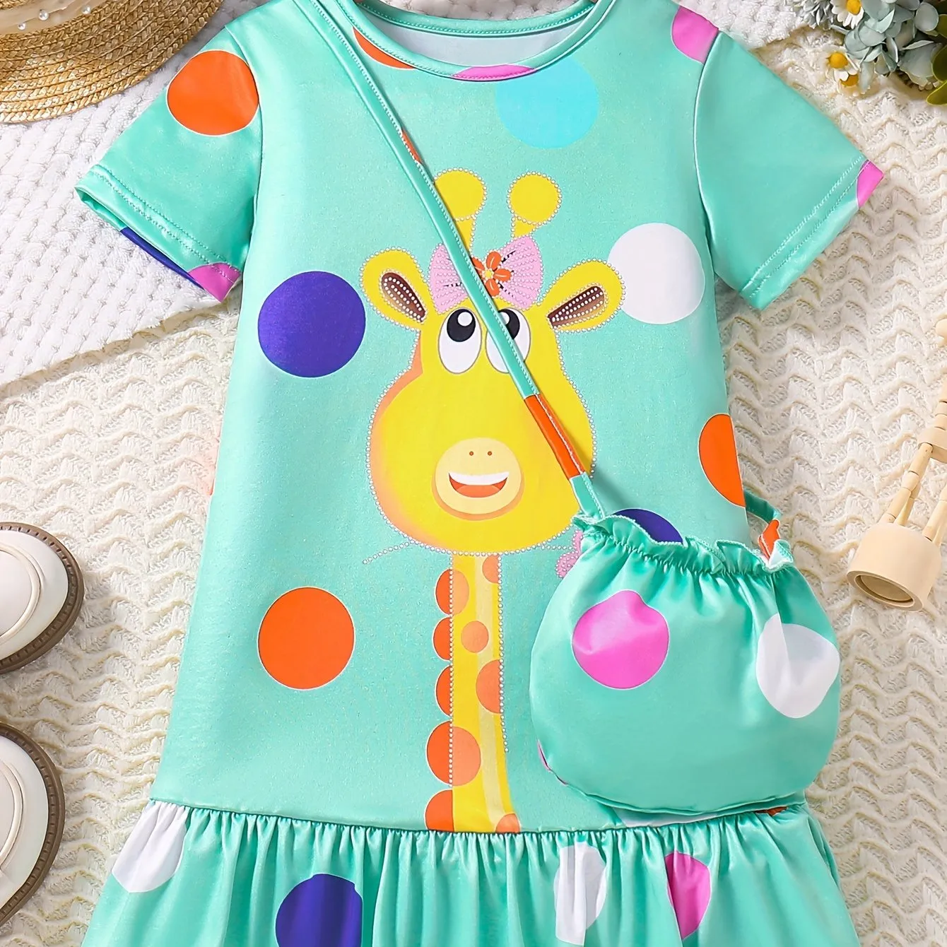 Fashionable Girls Short Sleeve Polka Dot Giraffe Print Dress with Adorable Ruffle Hem - Lightweight & Fun Summer Outfit Including Matching Bag for Playtime & Parties