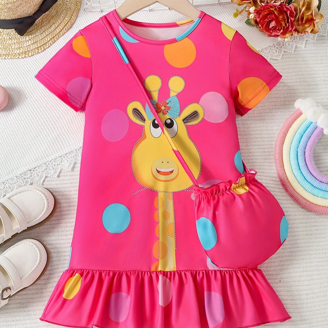Fashionable Girls Short Sleeve Polka Dot Giraffe Print Dress with Adorable Ruffle Hem - Lightweight & Fun Summer Outfit Including Matching Bag for Playtime & Parties