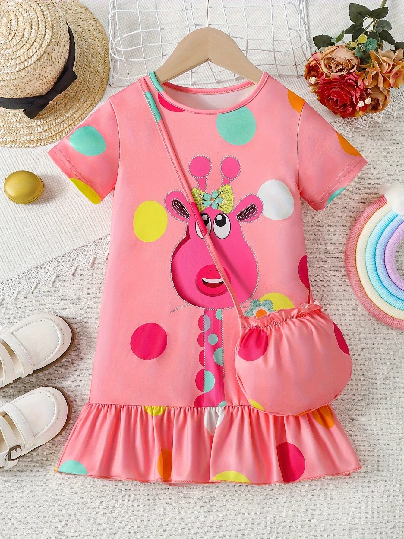 Fashionable Girls Short Sleeve Polka Dot Giraffe Print Dress with Adorable Ruffle Hem - Lightweight & Fun Summer Outfit Including Matching Bag for Playtime & Parties