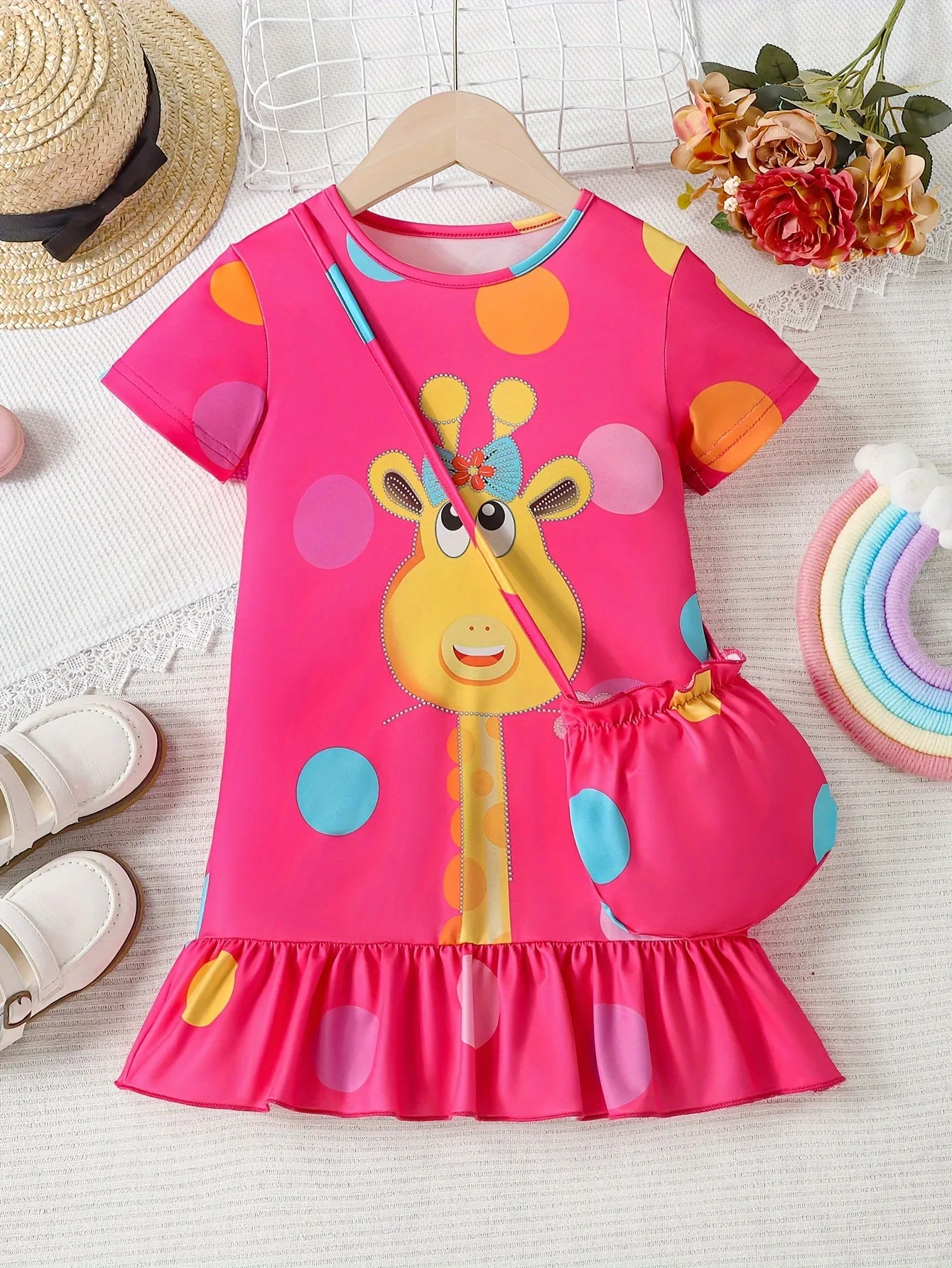 Fashionable Girls Short Sleeve Polka Dot Giraffe Print Dress with Adorable Ruffle Hem - Lightweight & Fun Summer Outfit Including Matching Bag for Playtime & Parties