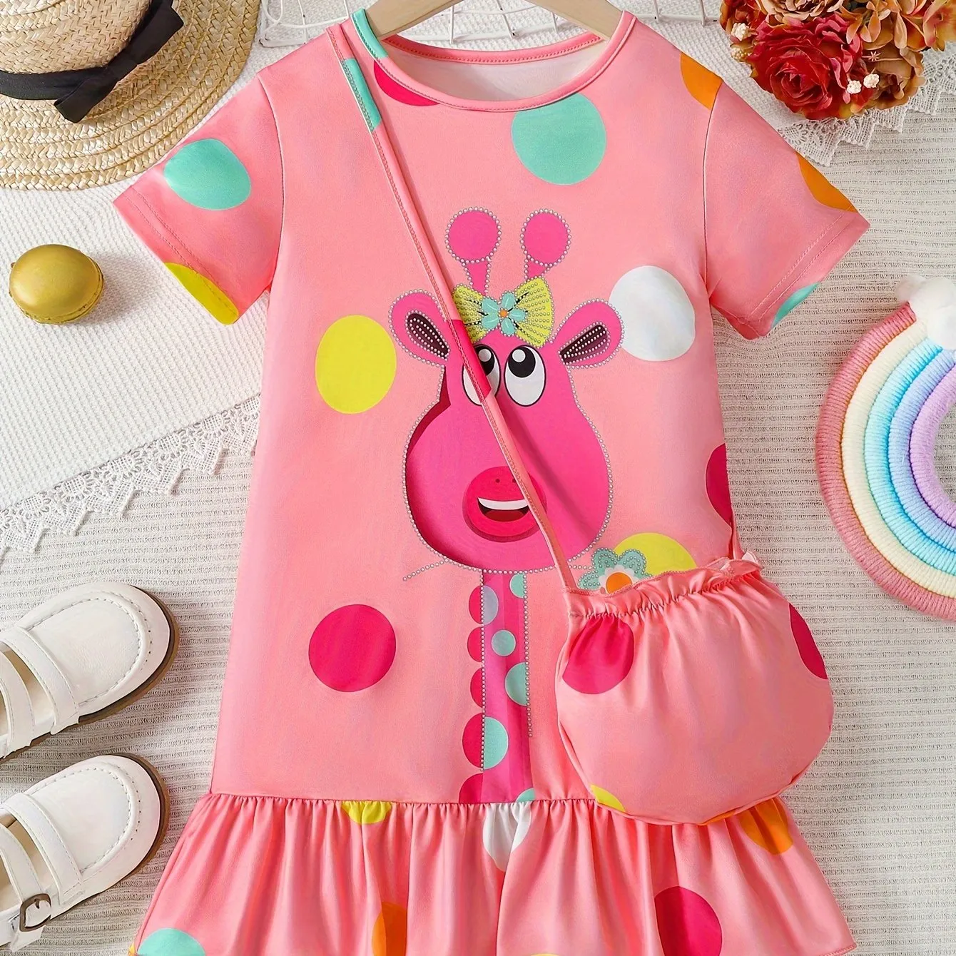 Fashionable Girls Short Sleeve Polka Dot Giraffe Print Dress with Adorable Ruffle Hem - Lightweight & Fun Summer Outfit Including Matching Bag for Playtime & Parties