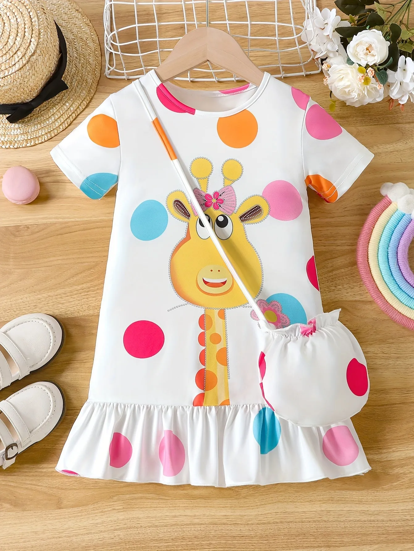 Fashionable Girls Short Sleeve Polka Dot Giraffe Print Dress with Adorable Ruffle Hem - Lightweight & Fun Summer Outfit Including Matching Bag for Playtime & Parties