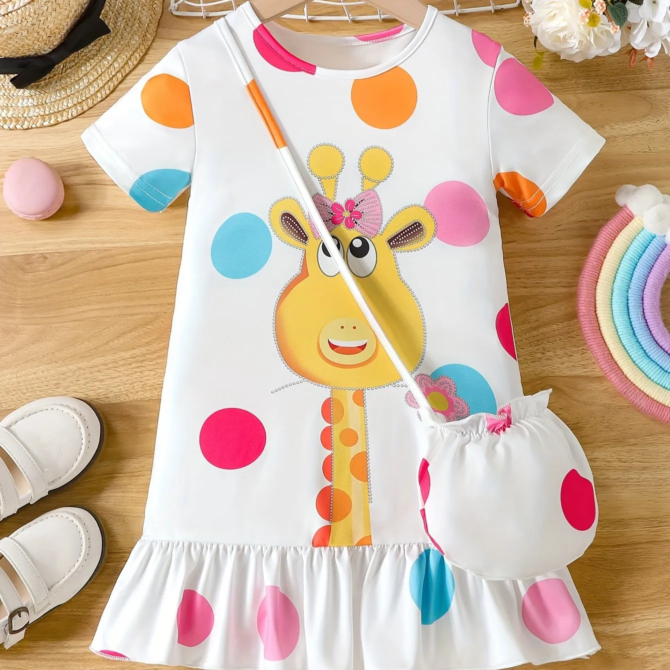 Fashionable Girls Short Sleeve Polka Dot Giraffe Print Dress with Adorable Ruffle Hem - Lightweight & Fun Summer Outfit Including Matching Bag for Playtime & Parties