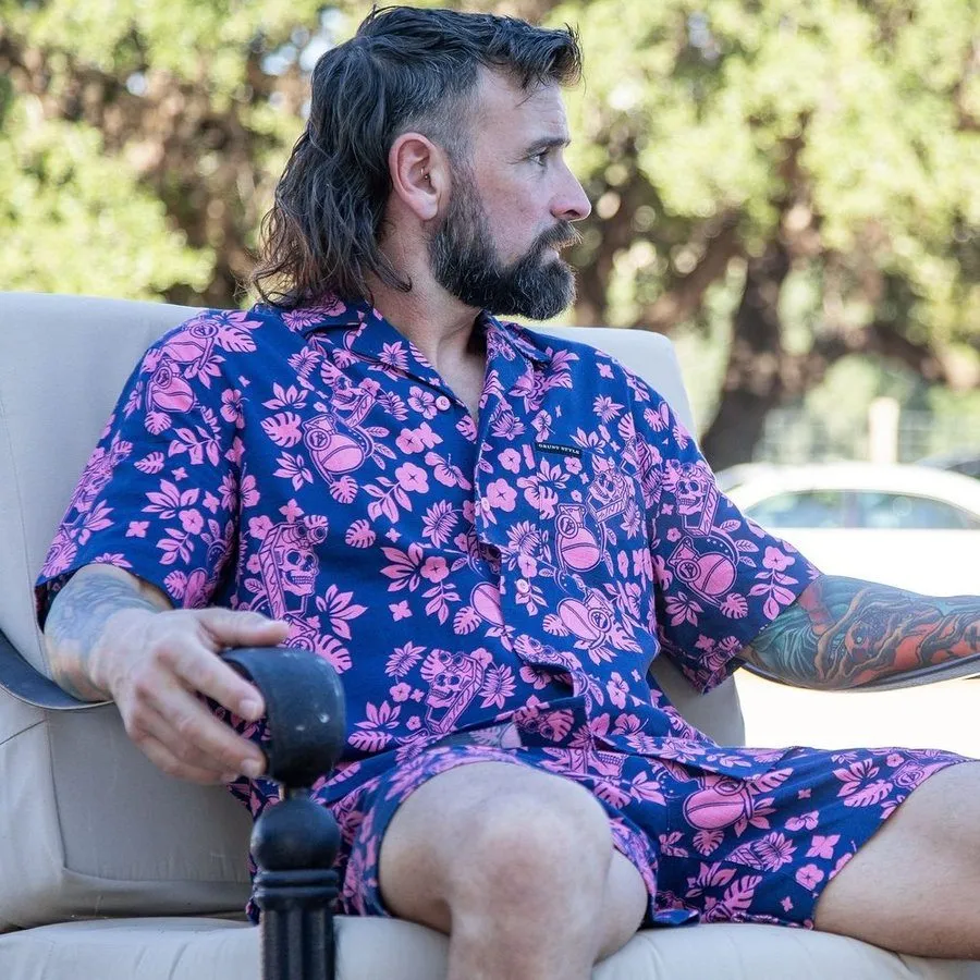 Getaway Tropical Death Button Down - Navy/Pink
