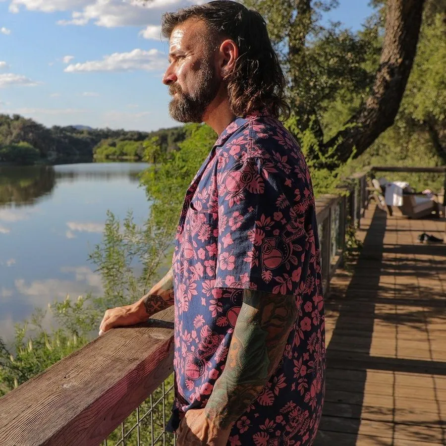 Getaway Tropical Death Button Down - Navy/Pink