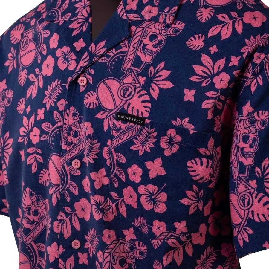 Getaway Tropical Death Button Down - Navy/Pink