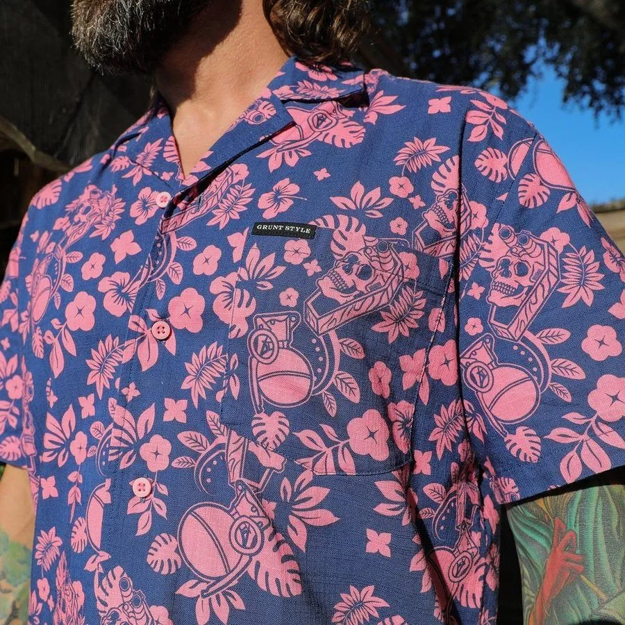 Getaway Tropical Death Button Down - Navy/Pink
