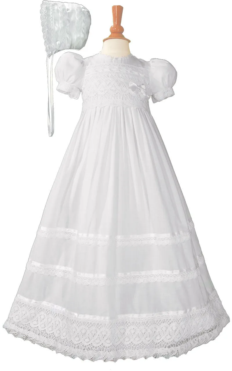 Girls Cotton Short Sleeve Dress Christening Baptism Gown with Lace and Ribbon  LTML-CA25GS