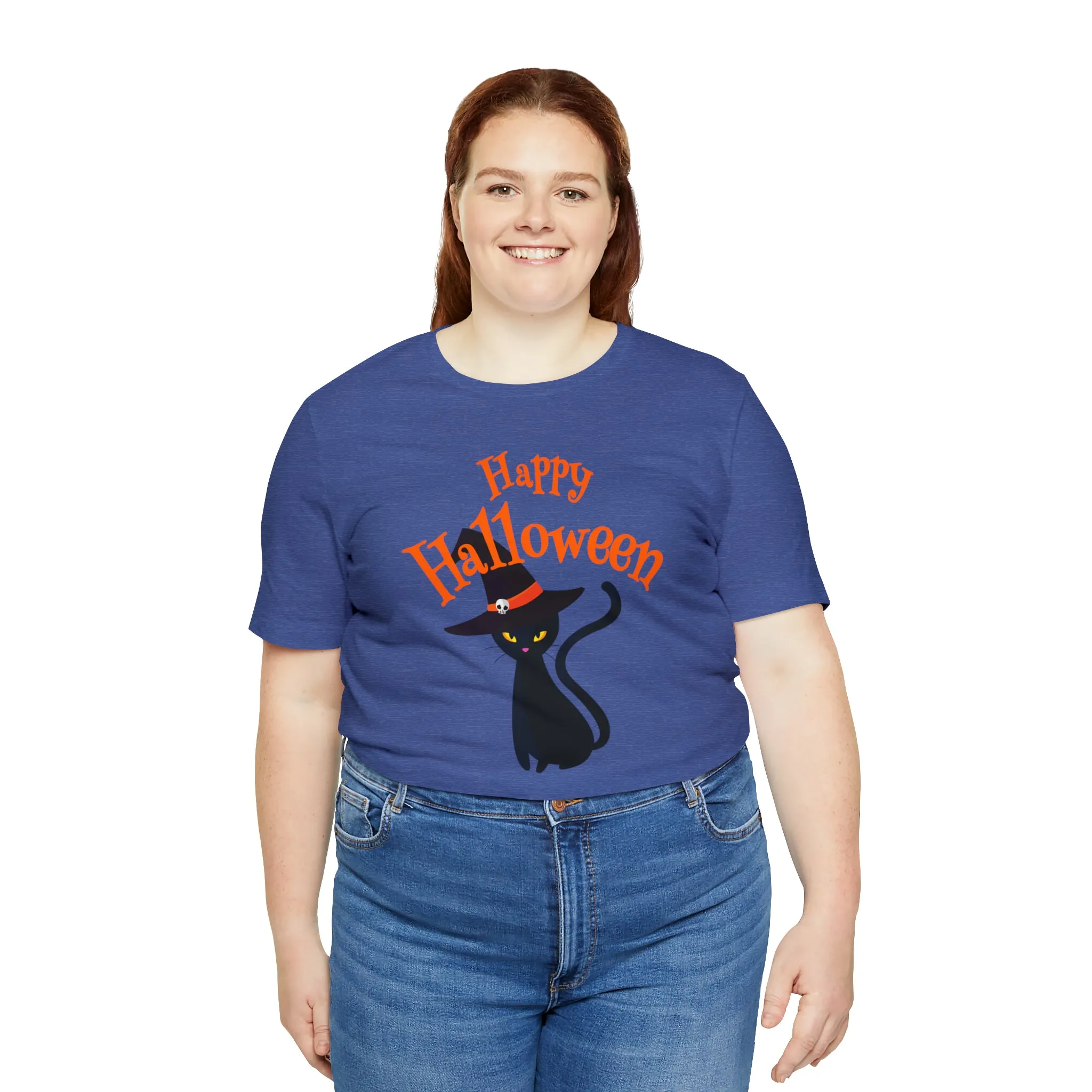 Happy Halloween Black Cat T-Shirt | Cat with Witche's Hat Tee |  Bella Canvas 3001Unisex | Funny Short Sleeve Tshirt