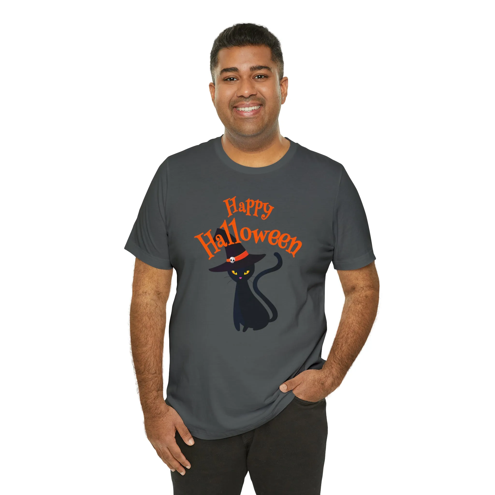 Happy Halloween Black Cat T-Shirt | Cat with Witche's Hat Tee |  Bella Canvas 3001Unisex | Funny Short Sleeve Tshirt