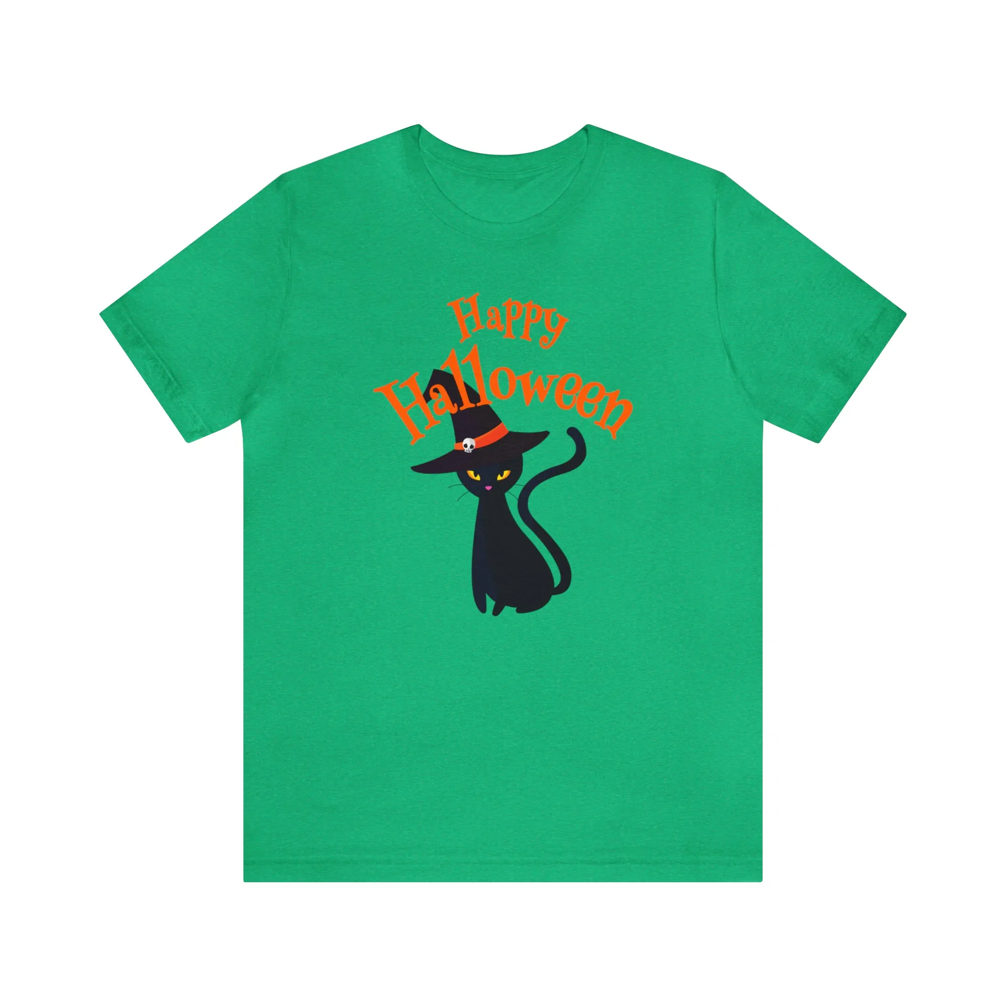 Happy Halloween Black Cat T-Shirt | Cat with Witche's Hat Tee |  Bella Canvas 3001Unisex | Funny Short Sleeve Tshirt